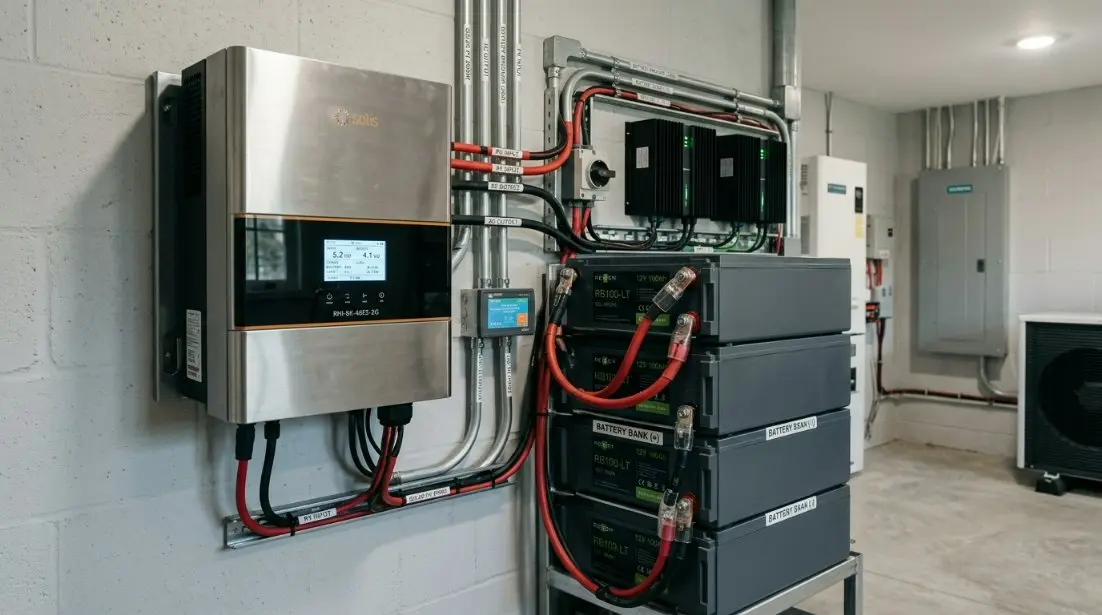 A technical diagram showing a hybrid PV inverter connected to a stack of GEL batteries with clear labeling of charge controllers and wiring.