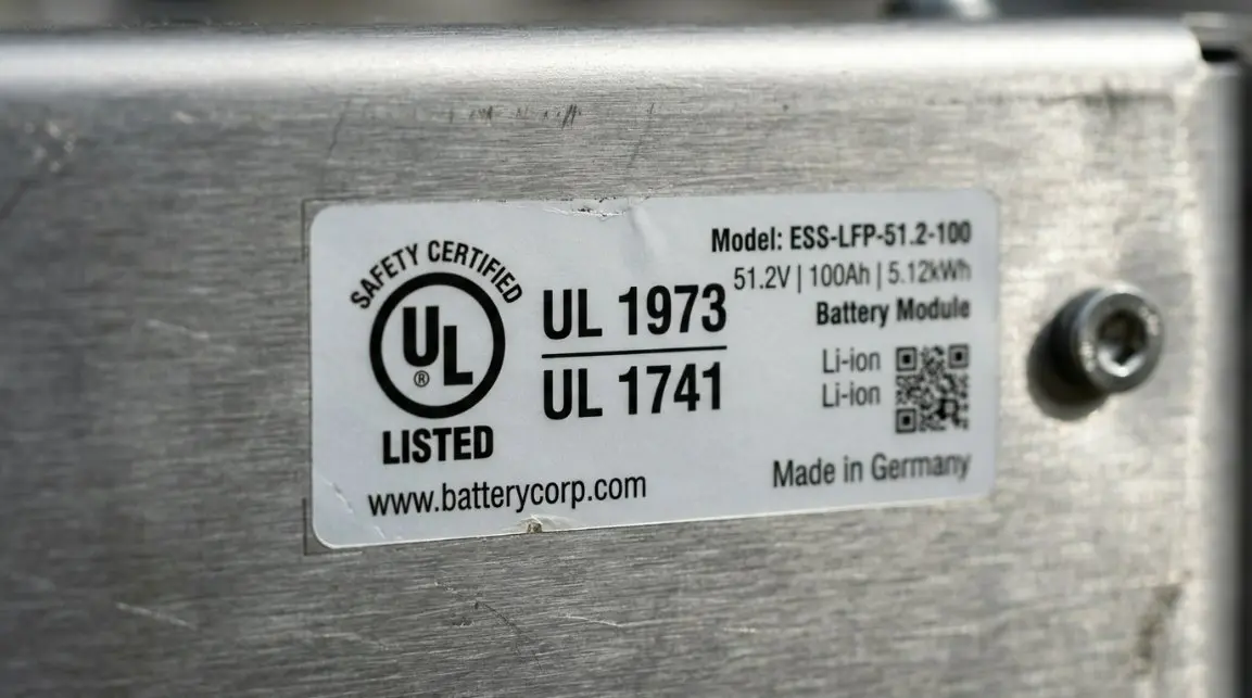 A close-up of a battery certification label showing UL 1973 and UL 1741 logos on a metallic battery casing.